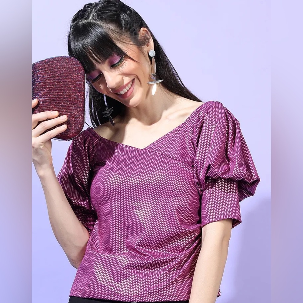 Tokyo talkies urban magenta v-neck puff-sleeve top, sz L, EUC